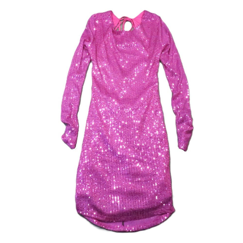 Bebe Open Back Sparkle Mini Dress S Pink Sequined LS Bodycon‎ Y2k Glam Party NEW